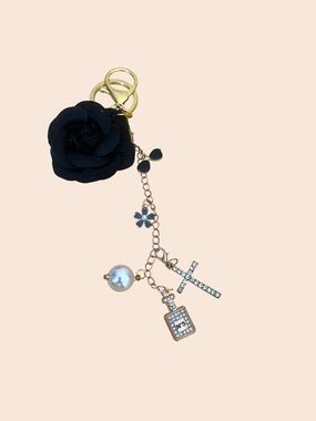 Black Rose Charm Keychain with Gold Chain and Pearl Accent